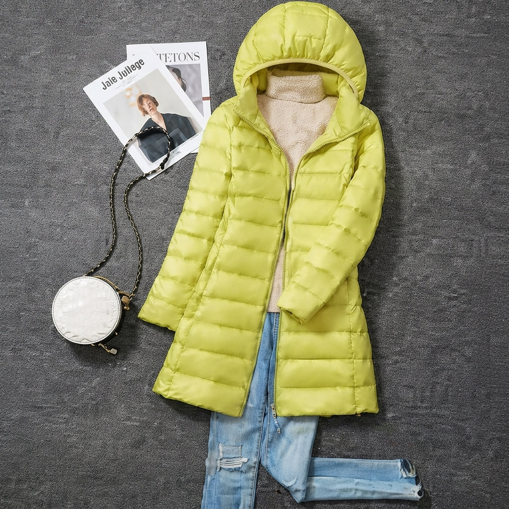 Dam vinterkappa ultralätt lång quiltad parkas med huva