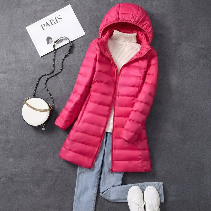 Dam vinterkappa ultralätt lång quiltad parkas med huva