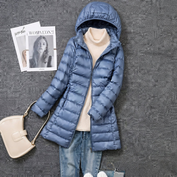 Dam vinterkappa ultralätt lång quiltad parkas med huva