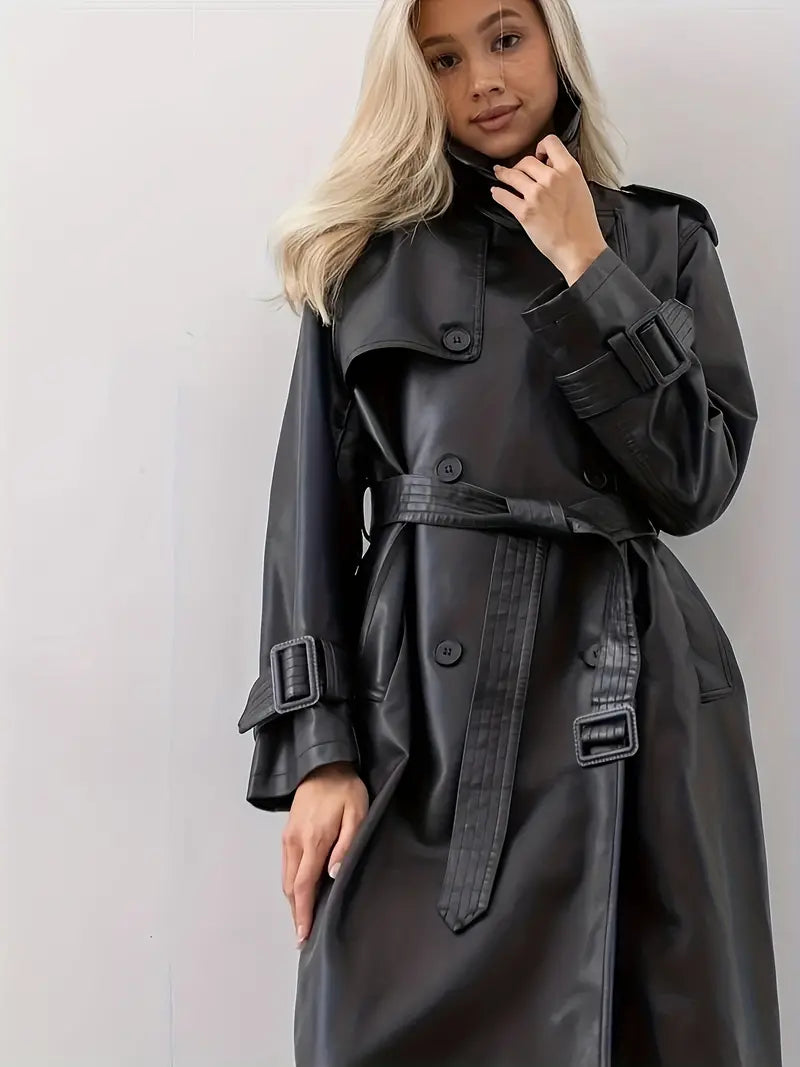 Dam lång med bälte konstläder trenchcoat