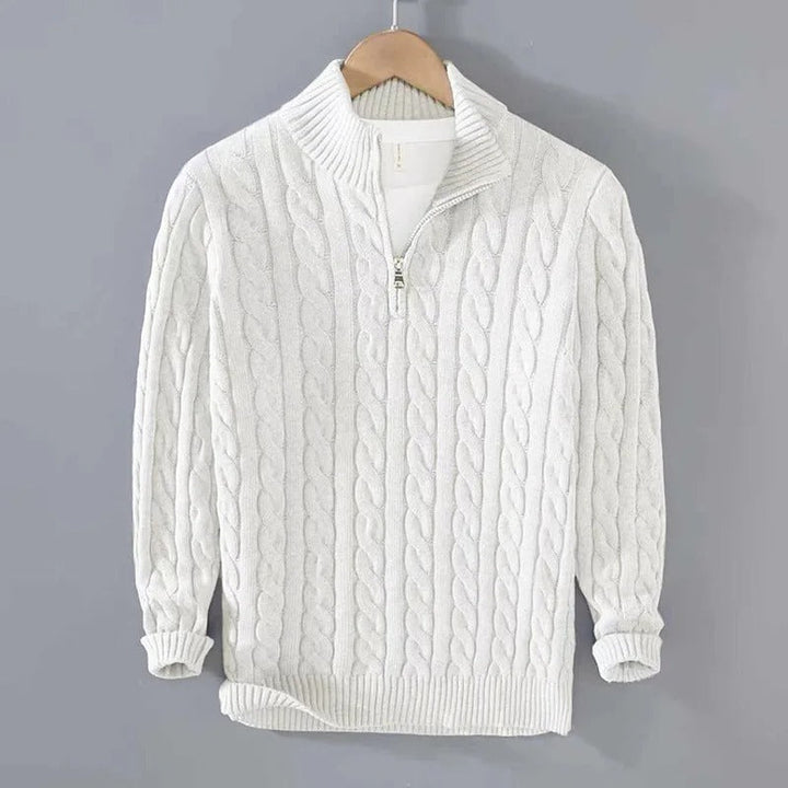 Herr kabelstickad pullover med zippered krage