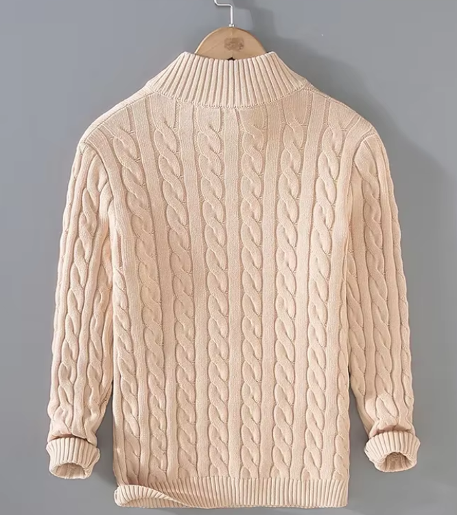 Herr kabelstickad pullover med zippered krage