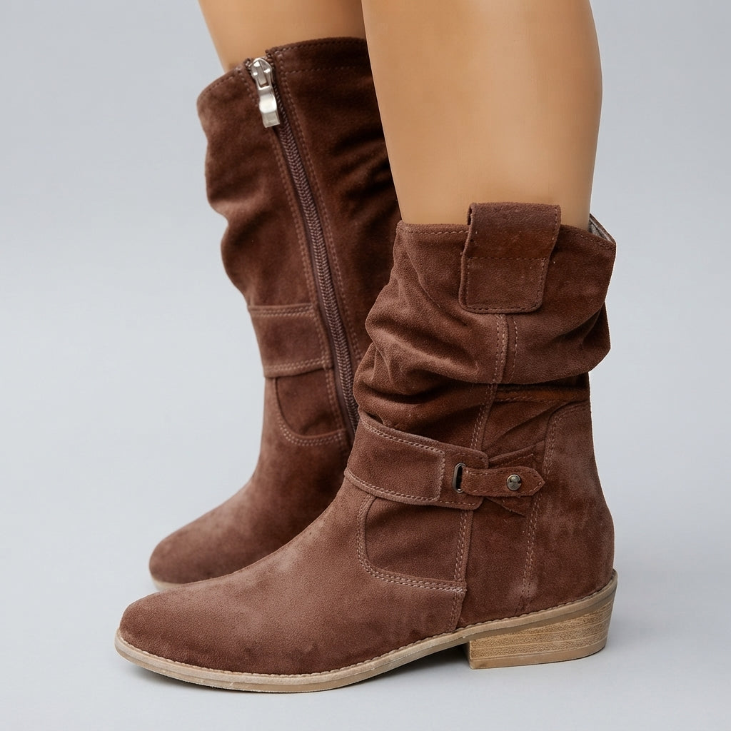 Dam knähög stövlar konstmocka slip-ons med blockklack