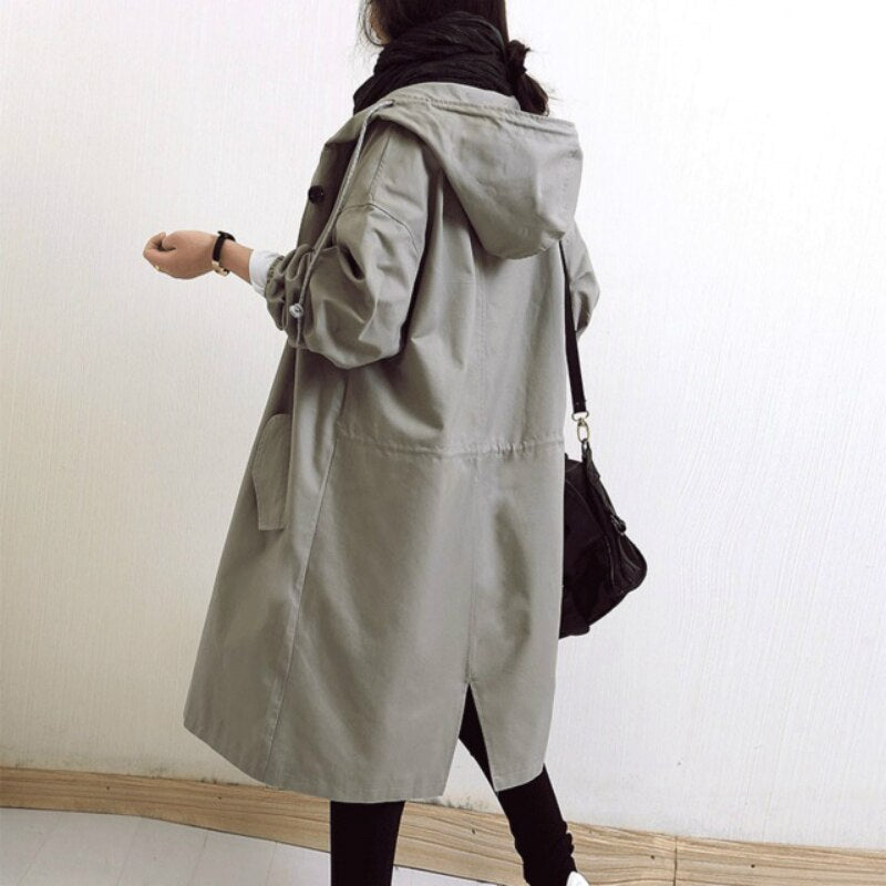 Dam lång trenchcoat med huva för vår och höst