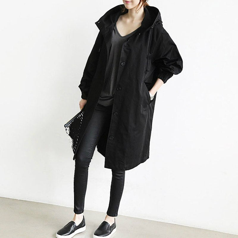 Dam lång trenchcoat med huva för vår och höst
