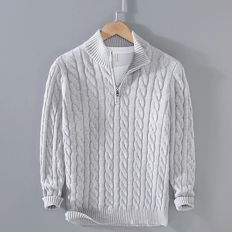 Herr kabelstickad pullover med zippered krage
