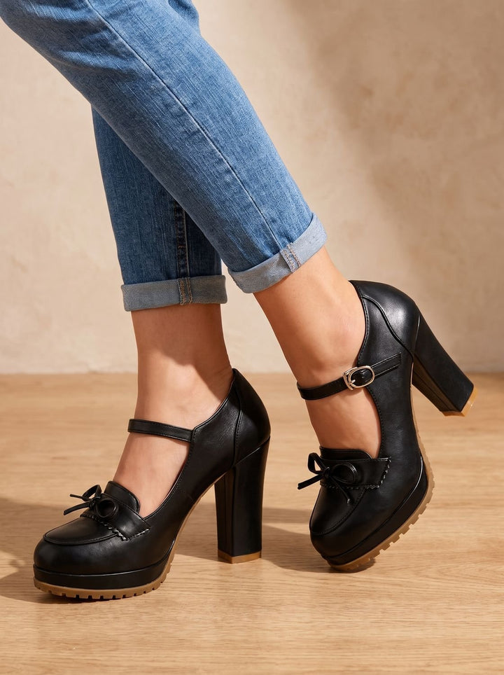 Dam blockklack pumps med rosett ankel axelband mary jane stil