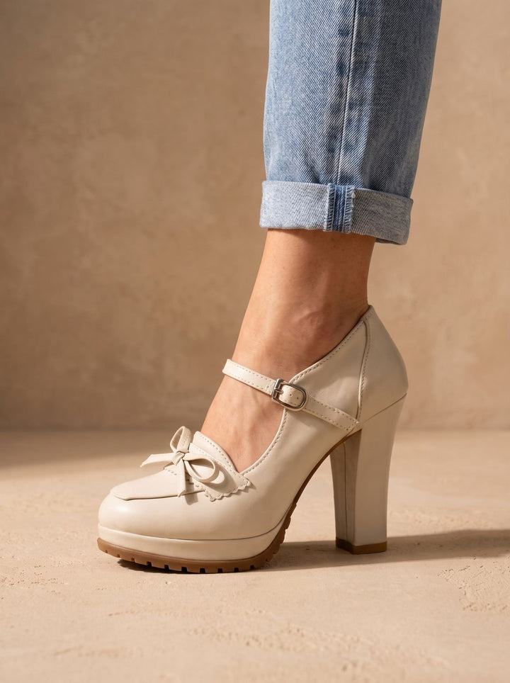 Dam blockklack pumps med rosett ankel axelband mary jane stil
