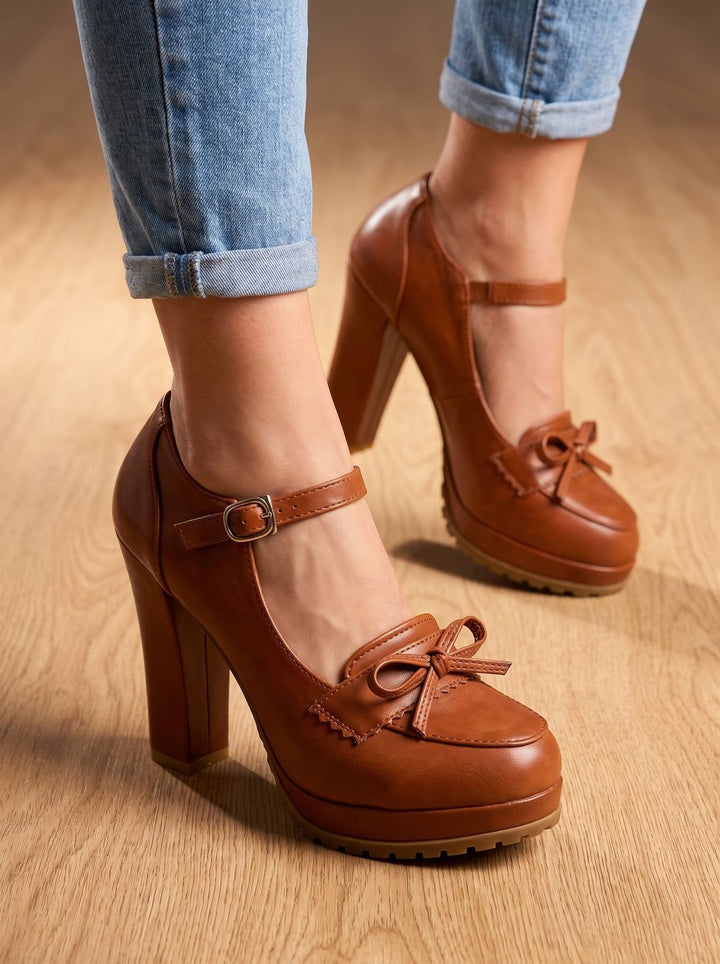 Dam blockklack pumps med rosett ankel axelband mary jane stil