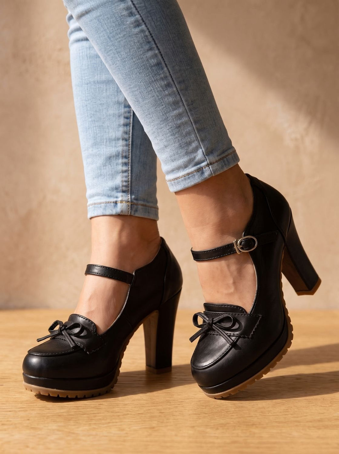 Dam blockklack pumps med rosett ankel axelband mary jane stil