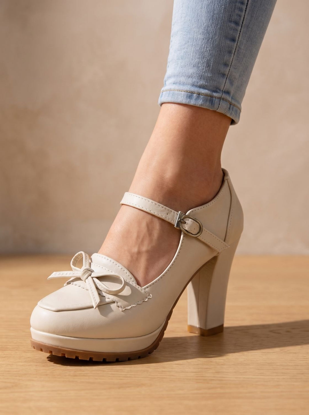 Dam blockklack pumps med rosett ankel axelband mary jane stil