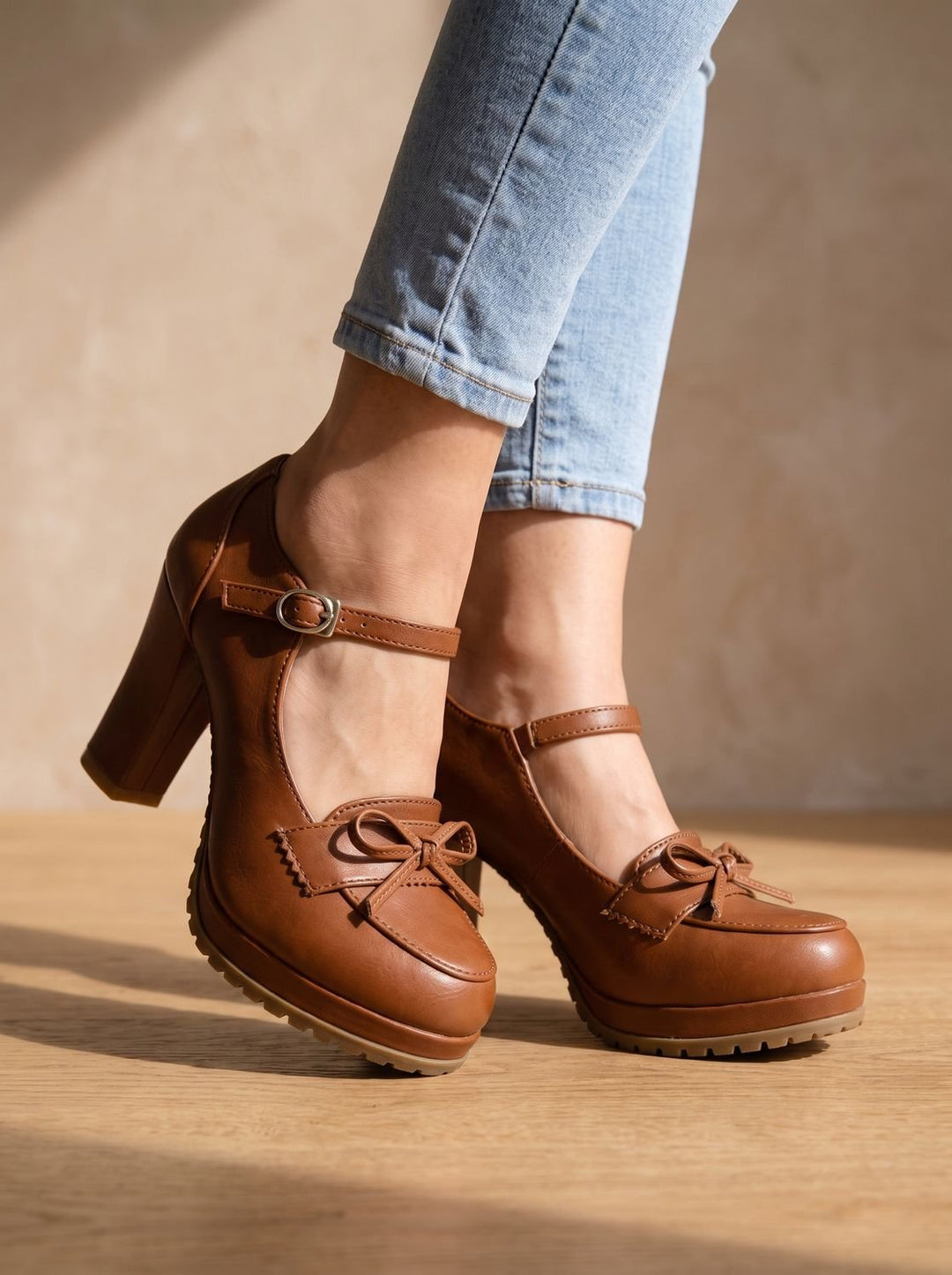 Dam blockklack pumps med rosett ankel axelband mary jane stil