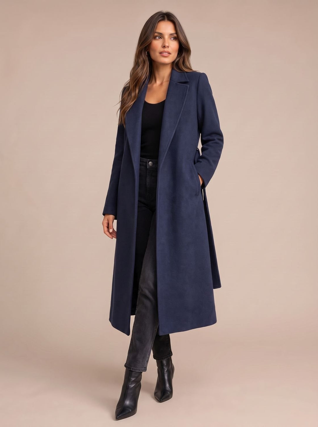 Dam elegant lång modell ullkappa med knytband bälte och slagkrage