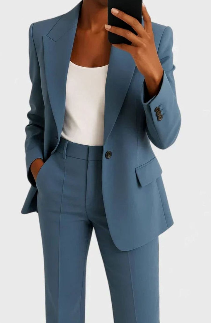 Dam elegant tvådelad kostym set med kavaj och utsvängda byxor