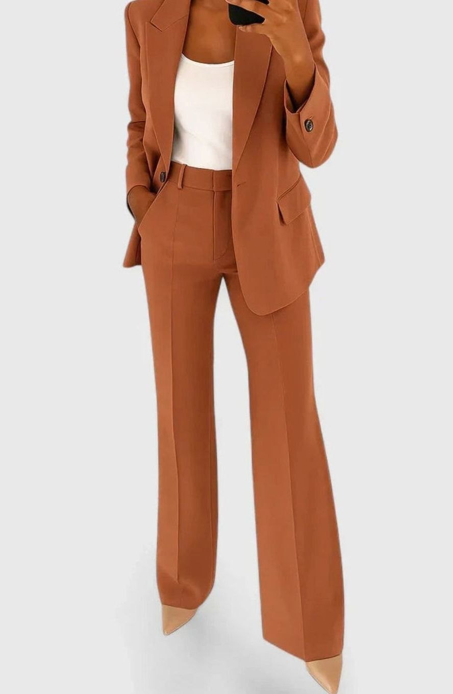 Dam elegant tvådelad kostym set med kavaj och utsvängda byxor