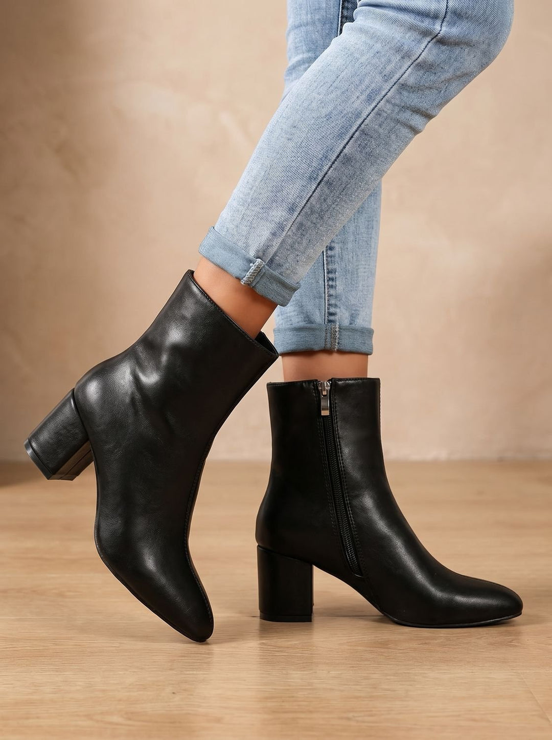 Dam konstläder ankelboots med blockklack och sidodragkedja