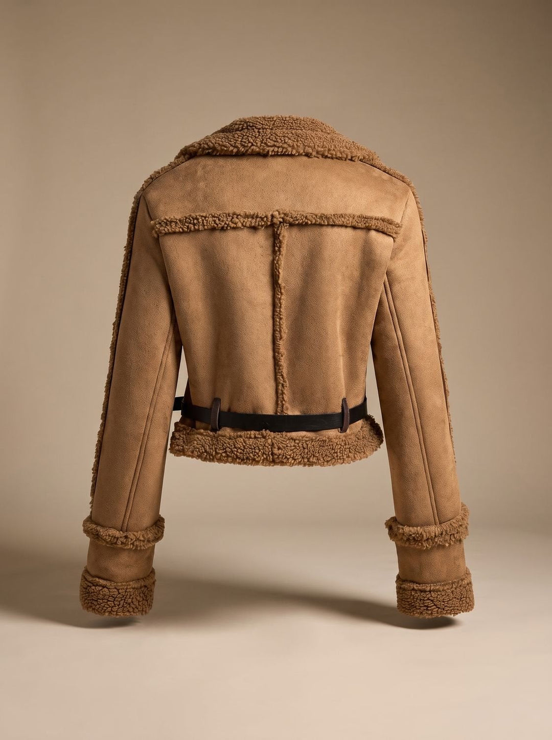 Dam kort teddyjacka fuskpäls mocka stil med bälte