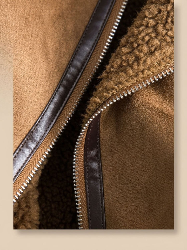 Dam kort teddyjacka fuskpäls mocka stil med bälte