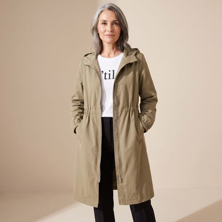 Dam lång vattenavvisande trenchcoat med huva