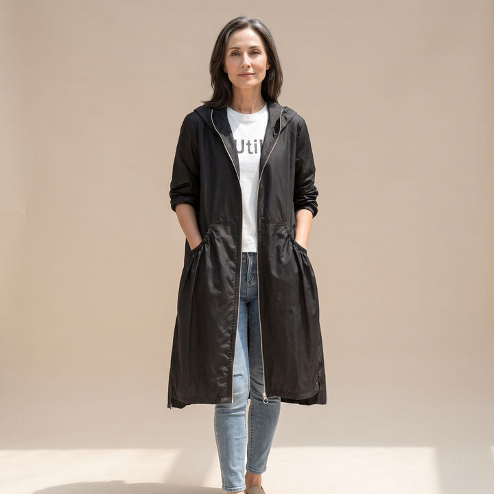 Dam lång vattenavvisande trenchcoat med huva