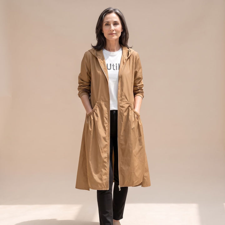 Dam lång vattenavvisande trenchcoat med huva