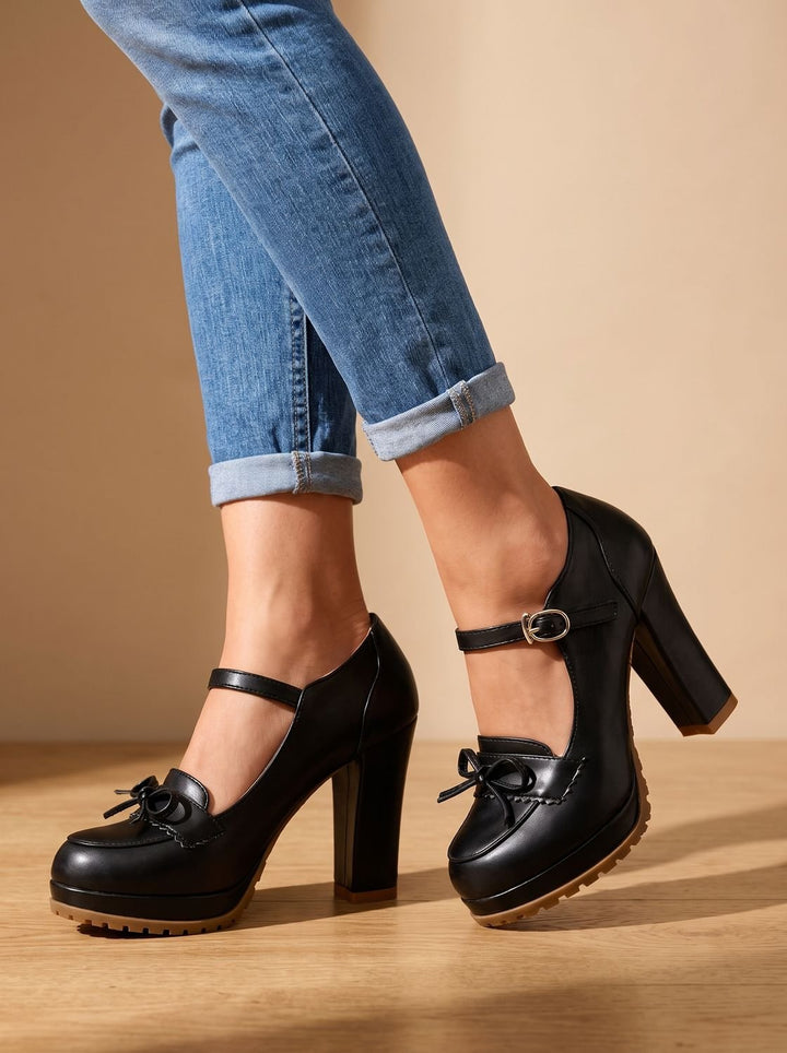 Dam mary jane pumps med blockklack rosett ankel axelband