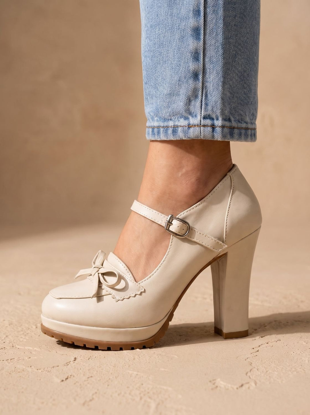 Dam mary jane pumps med blockklack rosett ankel axelband