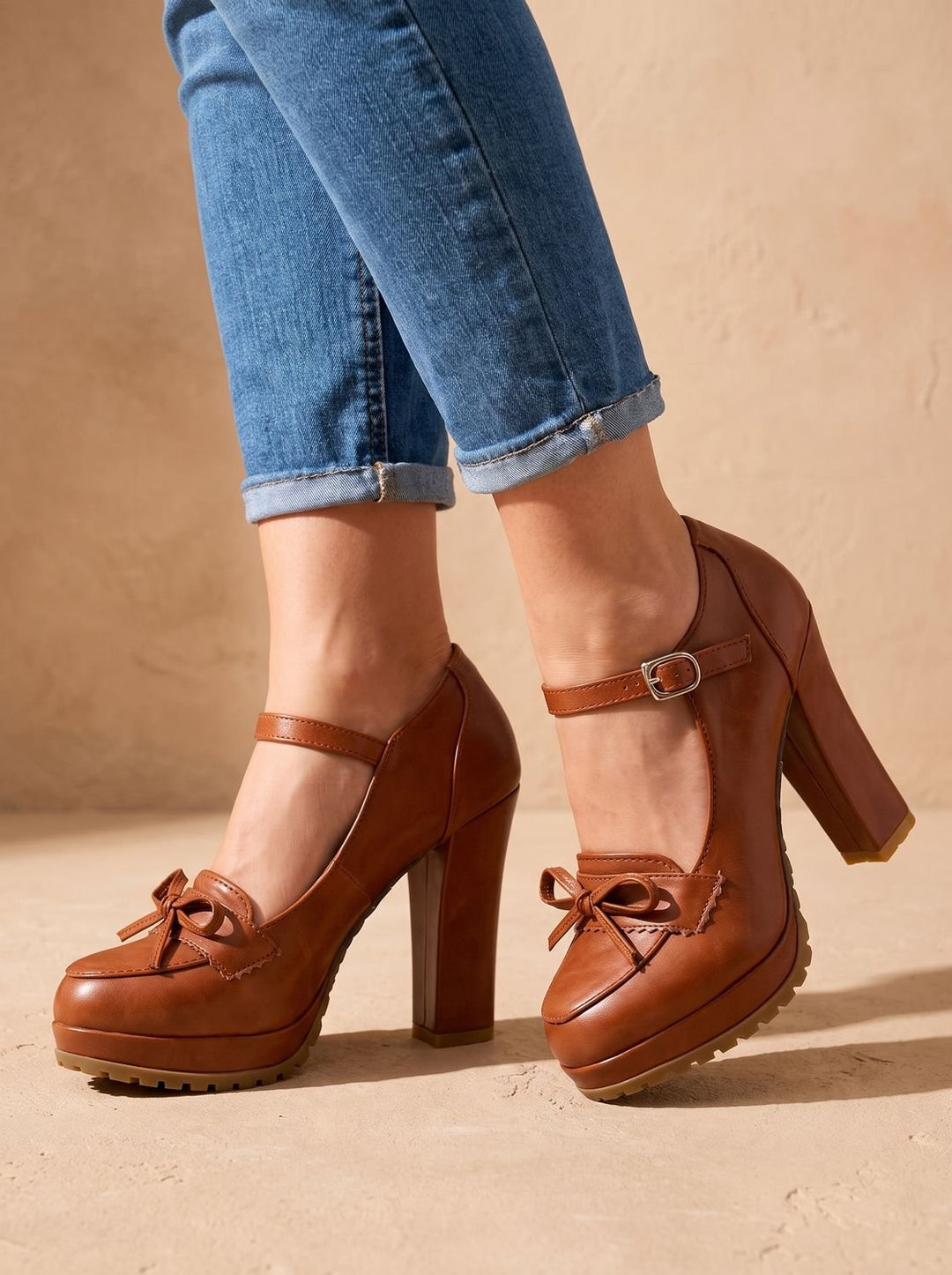 Dam mary jane pumps med blockklack rosett ankel axelband