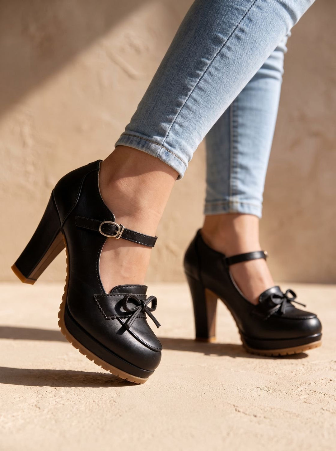 Dam mary jane pumps med blockklack rosett ankel axelband