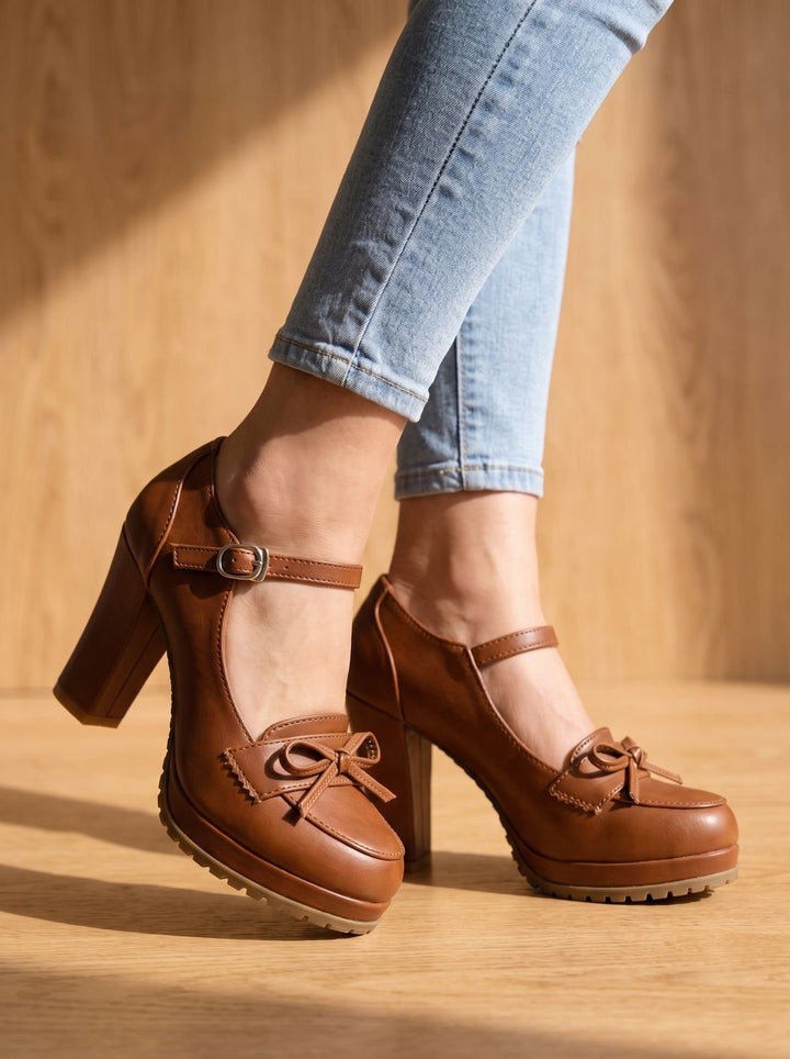Dam mary jane pumps med blockklack rosett ankel axelband