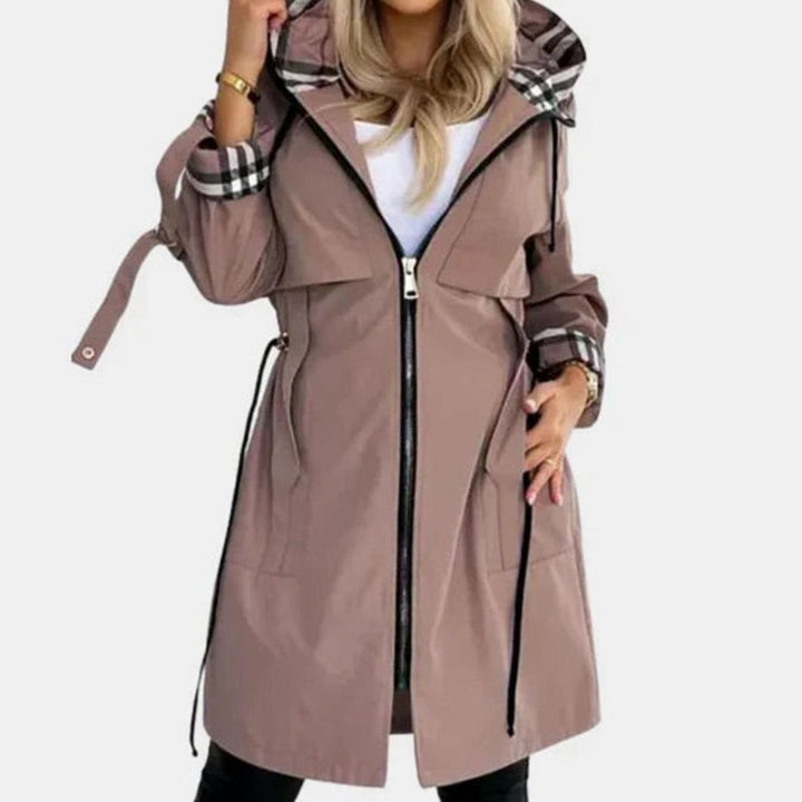 Dam modern trenchcoat med huva, dragkedja, och midja bälte