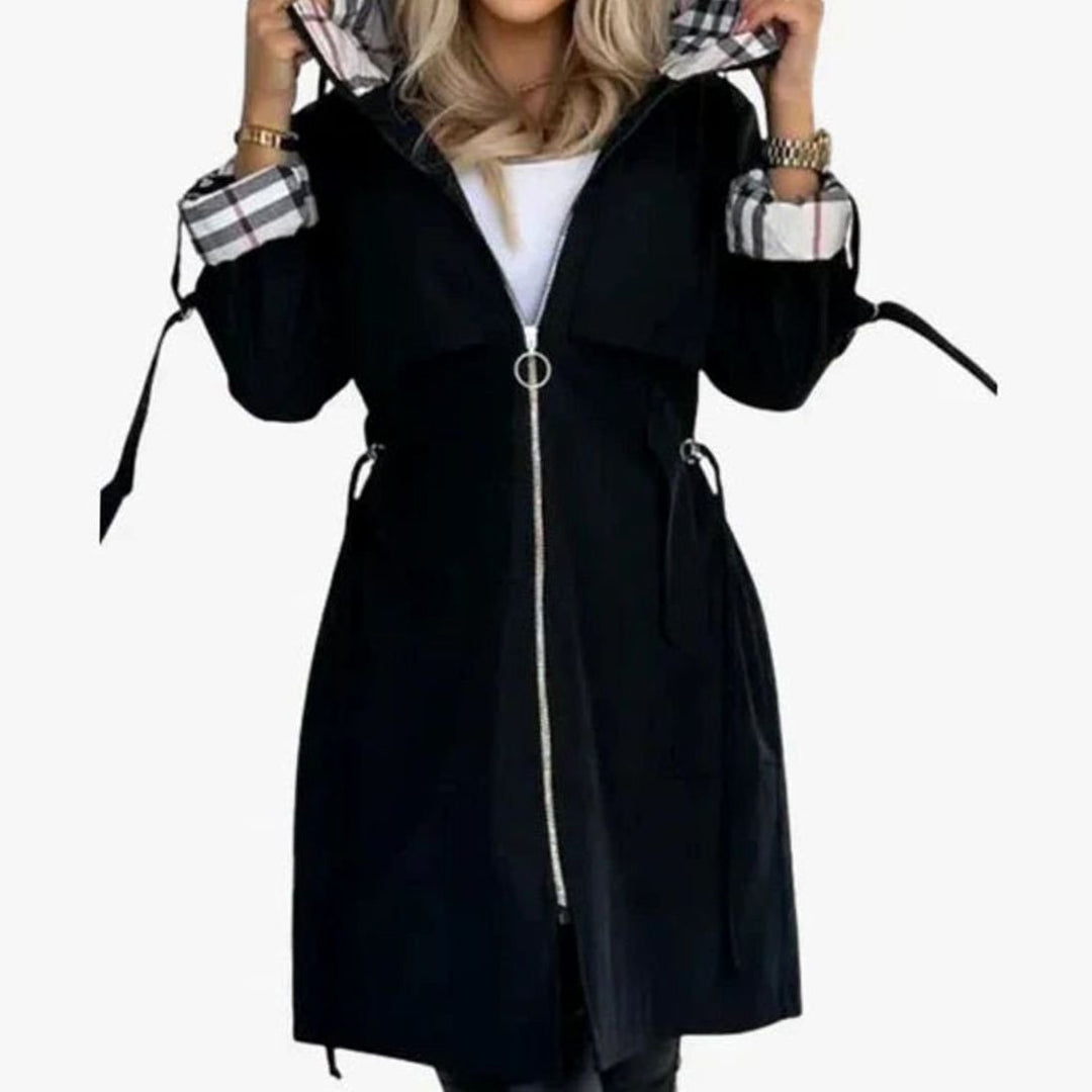 Dam modern trenchcoat med huva, dragkedja, och midja bälte