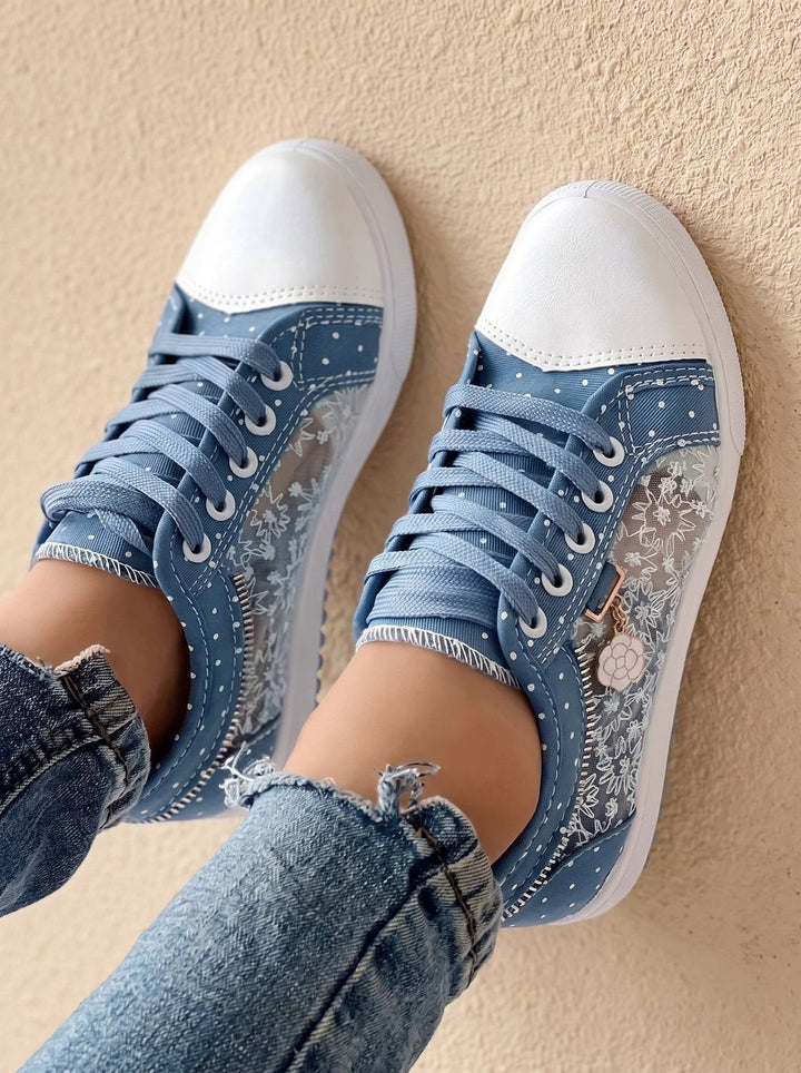 Dam ortopedisk sneakers med spets kant och blommig detalj med snörning sko