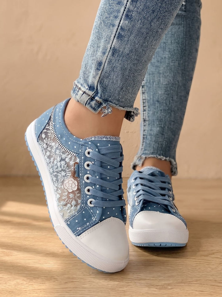Dam ortopedisk sneakers med spets kant och blommig detalj med snörning sko