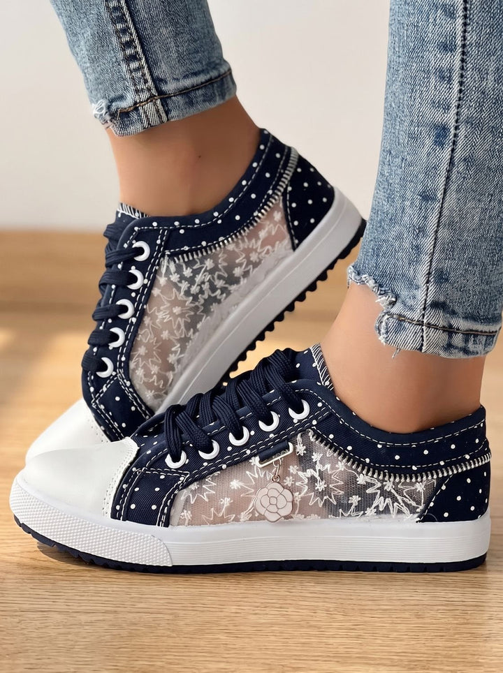 Dam ortopedisk sneakers med spets kant och blommig detalj med snörning sko