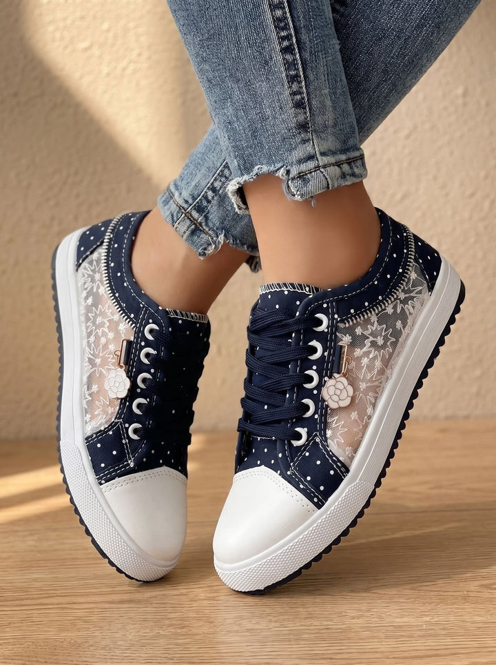 Dam ortopedisk sneakers med spets kant och blommig detalj med snörning sko