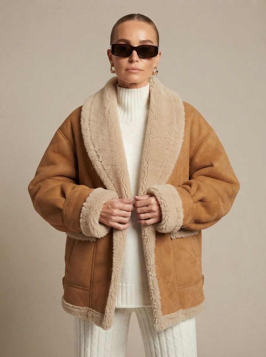 Dam oversize teddyjacka fuskpäls kappa sherpafoder vinterjacka