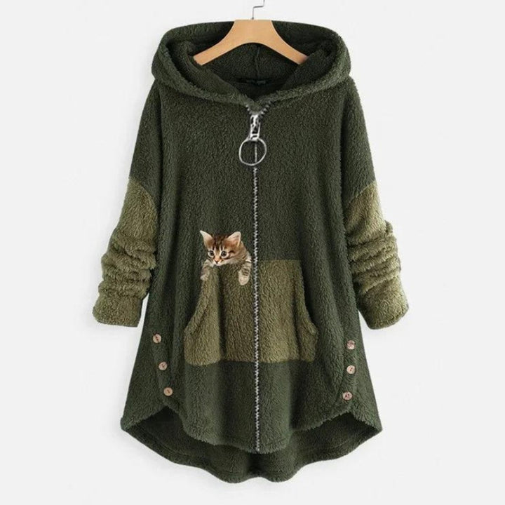 Dam mjuk huvtröja college-tröja dragkedja katt tryck fleece