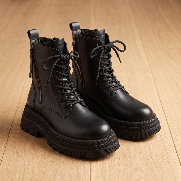 Dam ankelboots med snörning grov platåsula sidodragkedja