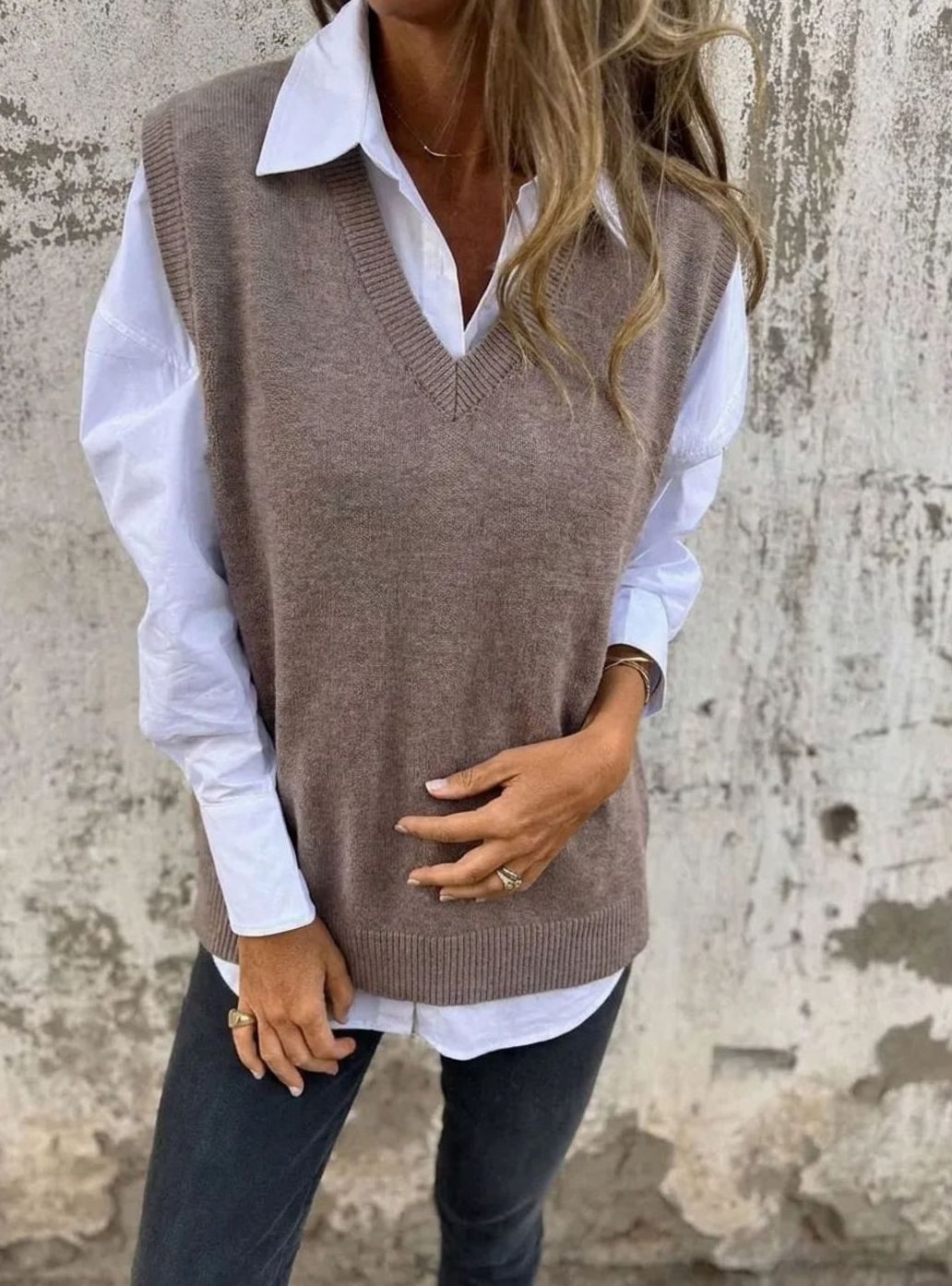 Dam stickad väst V-ringning ärmlös oversize stickad pullover