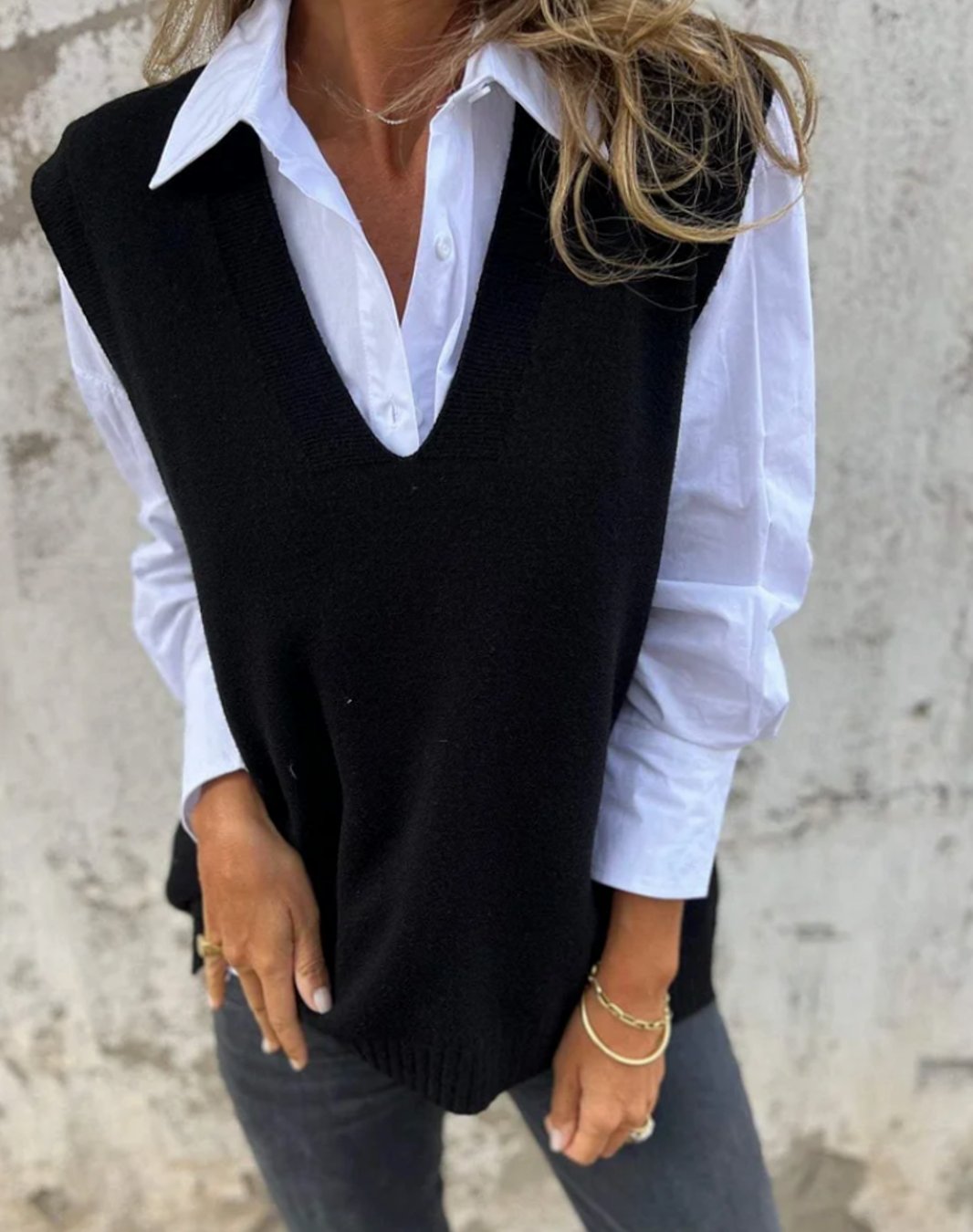 Dam stickad väst V-ringning ärmlös oversize stickad pullover