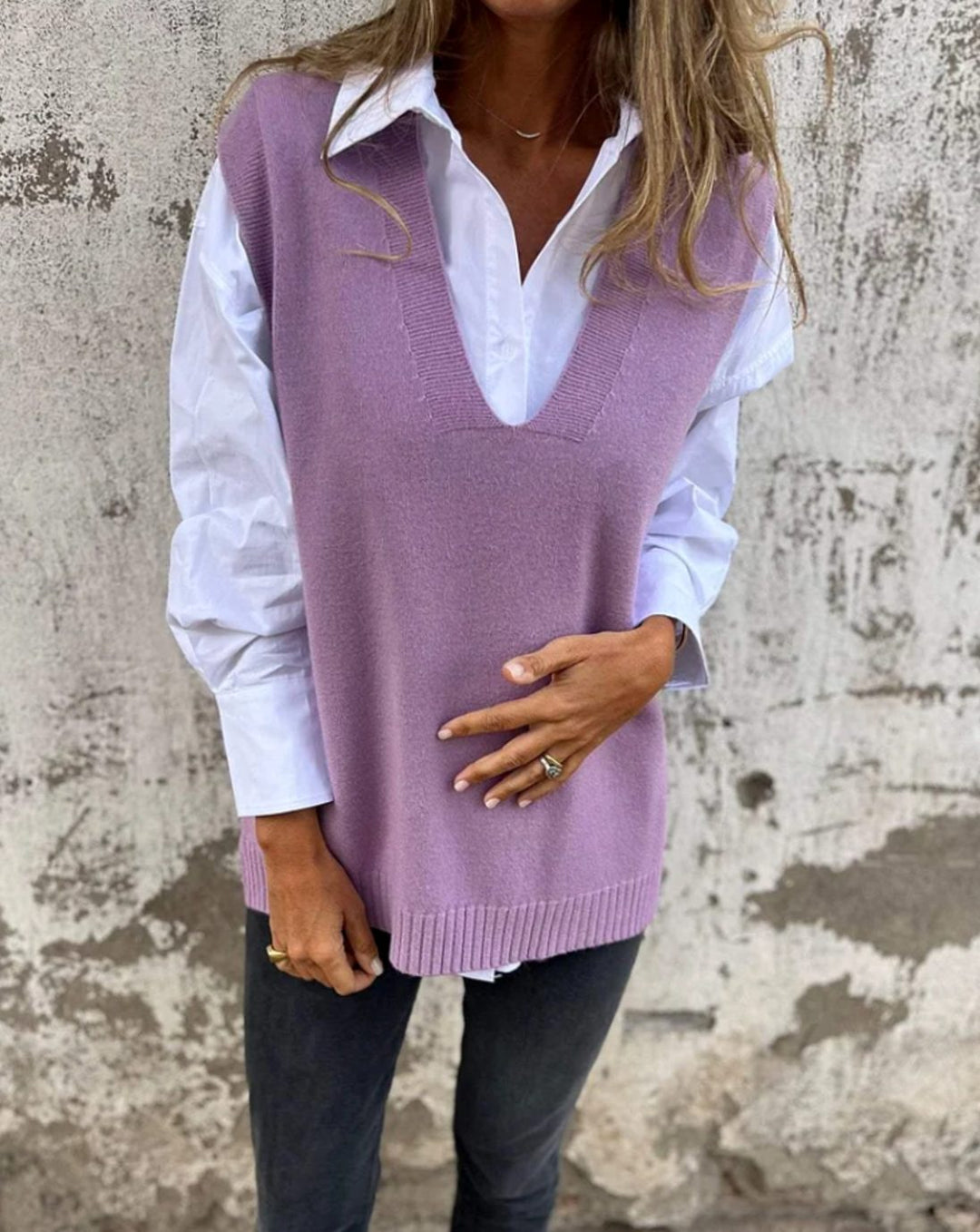 Dam stickad väst V-ringning ärmlös oversize stickad pullover