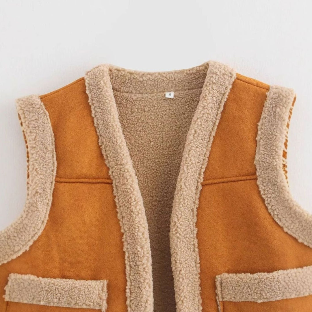 Dam teddy fleece väst mocka stil fleecefoder framfickor