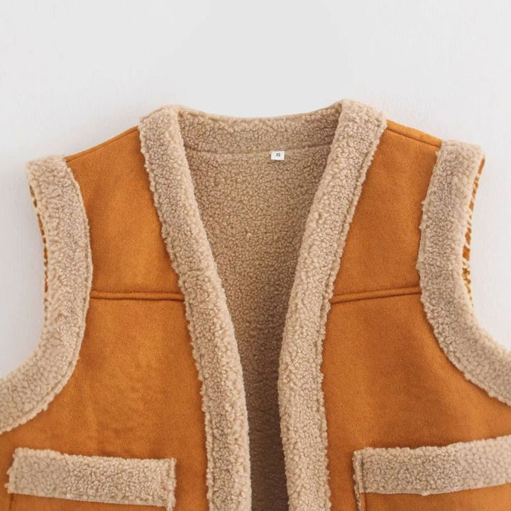 Dam teddy fleece väst mocka stil fleecefoder framfickor