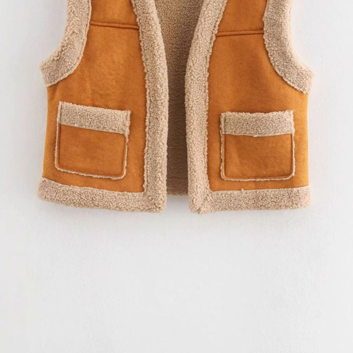 Dam teddy fleece väst mocka stil fleecefoder framfickor