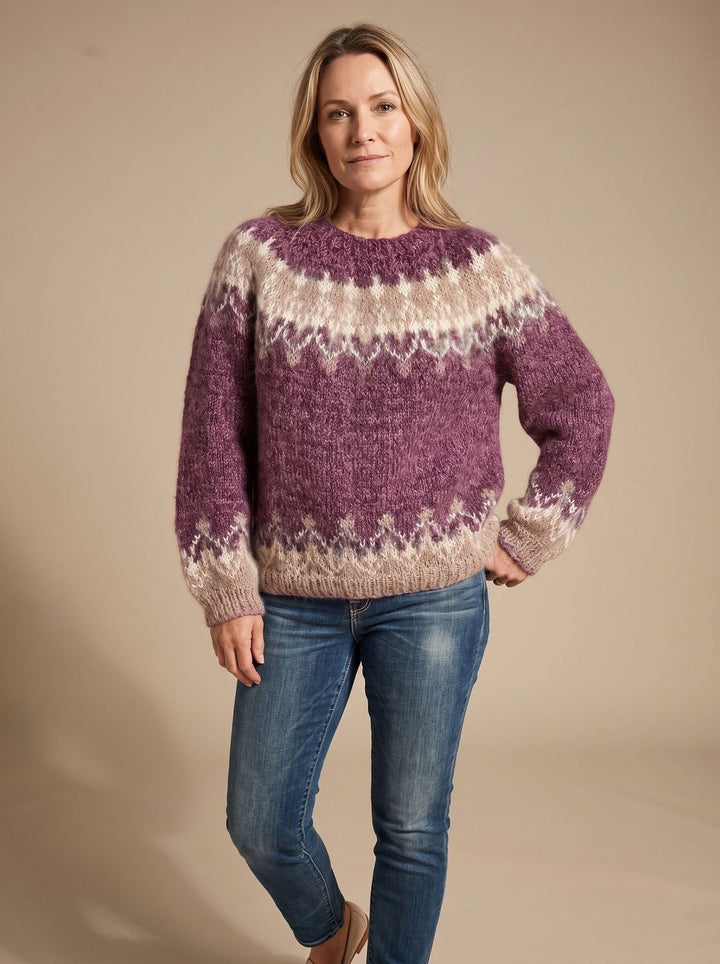 Dam jul tröja nordisk jacquard stickad tröja rund halsringning