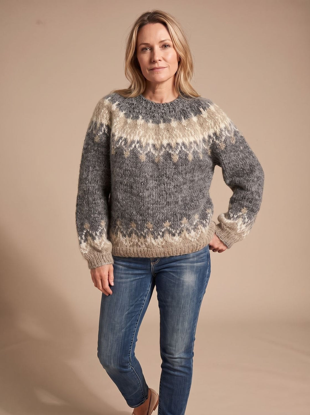 Dam jul tröja nordisk jacquard stickad tröja rund halsringning