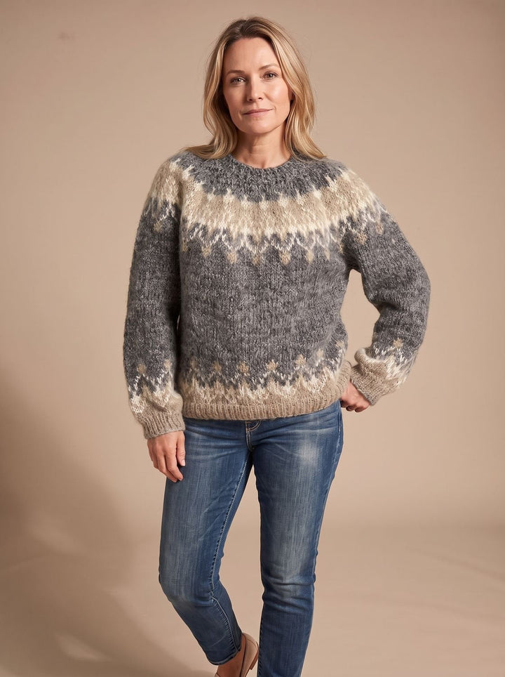 Dam jul tröja nordisk jacquard stickad tröja rund halsringning