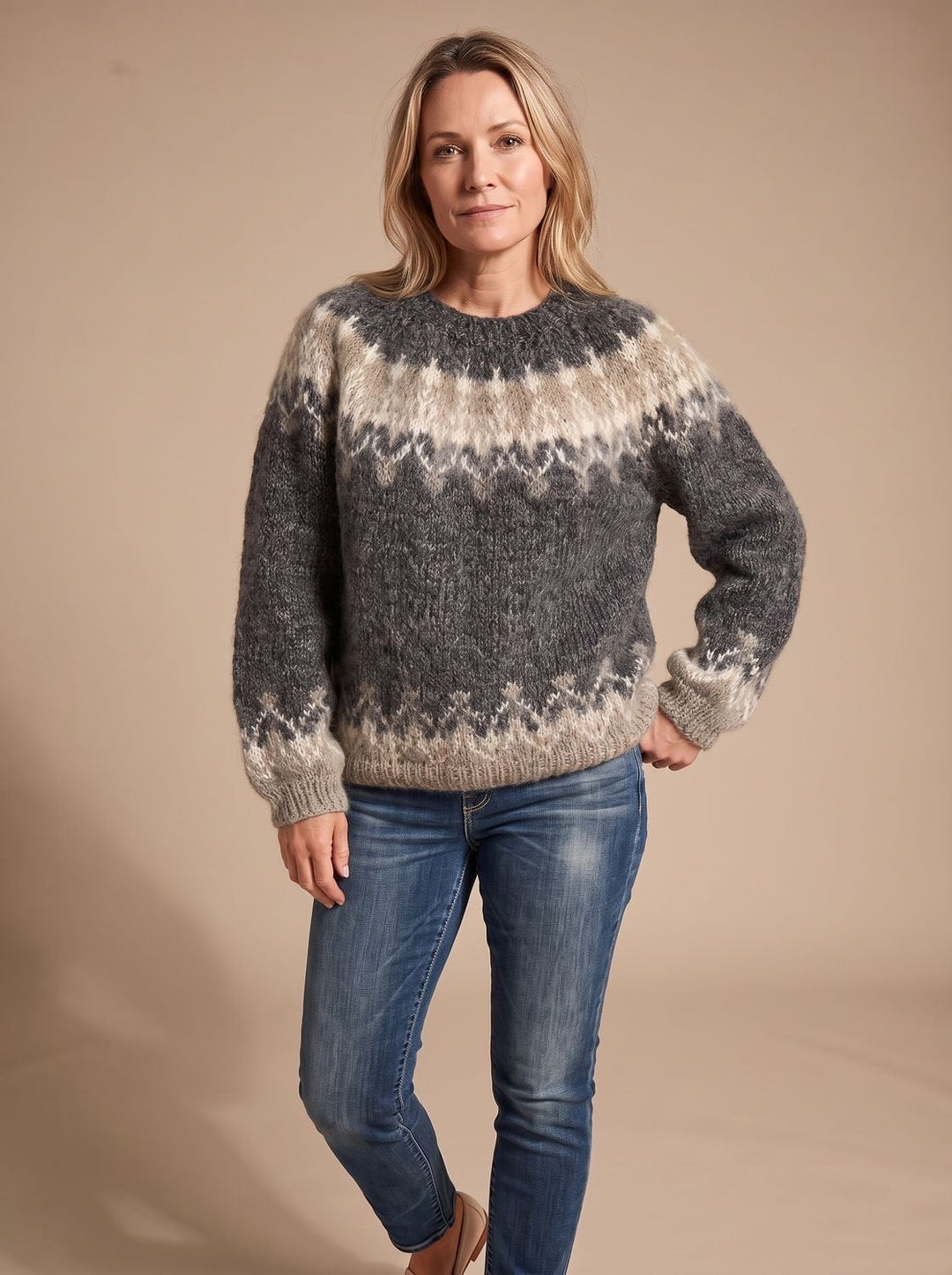 Dam jul tröja nordisk jacquard stickad tröja rund halsringning