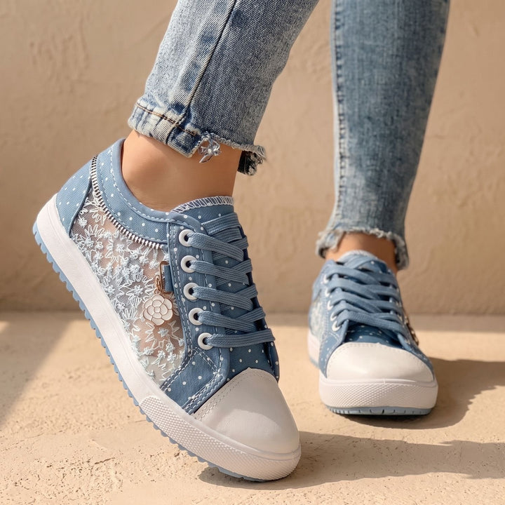 Elena dam sneakers med spets kant dragkedja blommig detalj